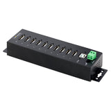 Rugged 10-port USB 2.0 hub with metal housing, lockable ports, and ESD protection for industrial connectivity.