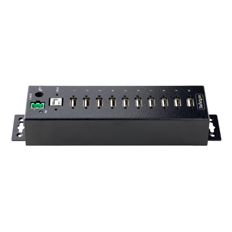 Rugged 10-Port Industrial USB 2.0 Hub with metal housing, ESD protection, and locking ports for secure connectivity in harsh environments.