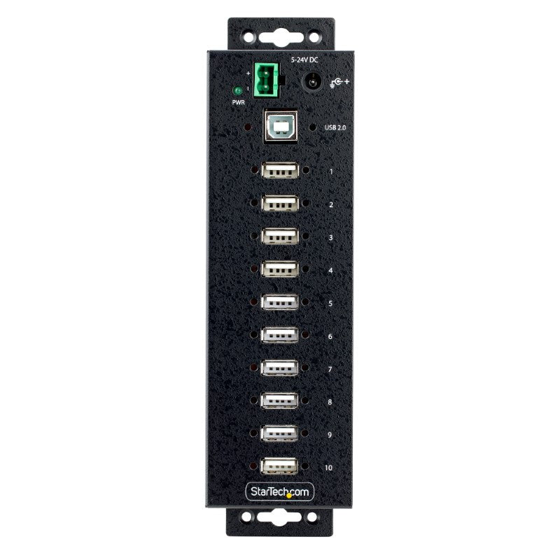 Rugged 10-port USB 2.0 hub with steel housing, ESD protection, and secure locking ports for industrial environments.