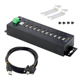 Rugged 10-port industrial USB 2.0 hub with steel housing, ESD protection, and flexible mounting options for reliable connectivity.