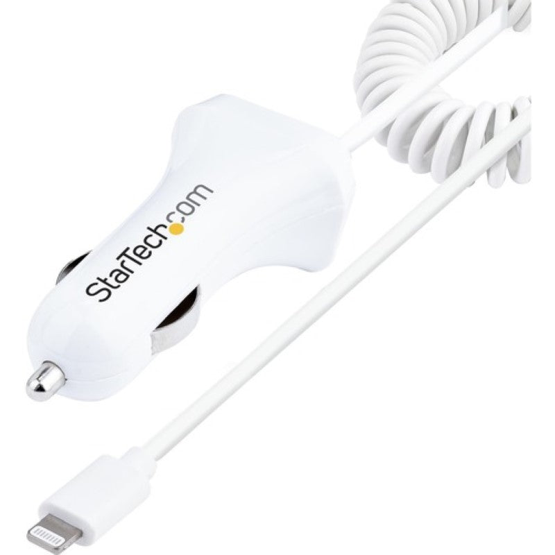 Dual-port Lightning car charger with 1m coiled cable, compact white design, charges two devices simultaneously up to 2.1A.