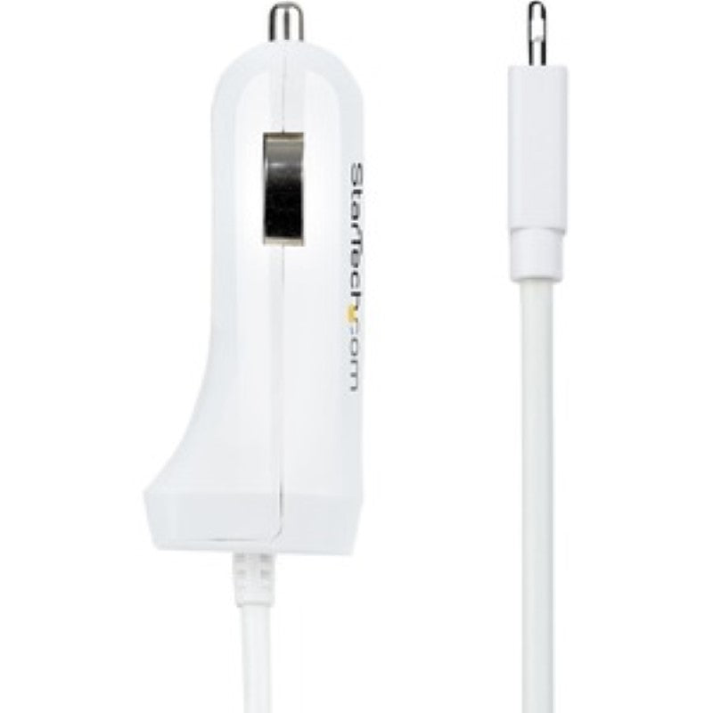 Dual-port StarTech Lightning car charger with 1m coiled cable, designed for convenient, tangle-free charging on the go.