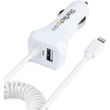 White dual-port Lightning car charger with built-in coiled cable, charging two devices up to 2.1A simultaneously.