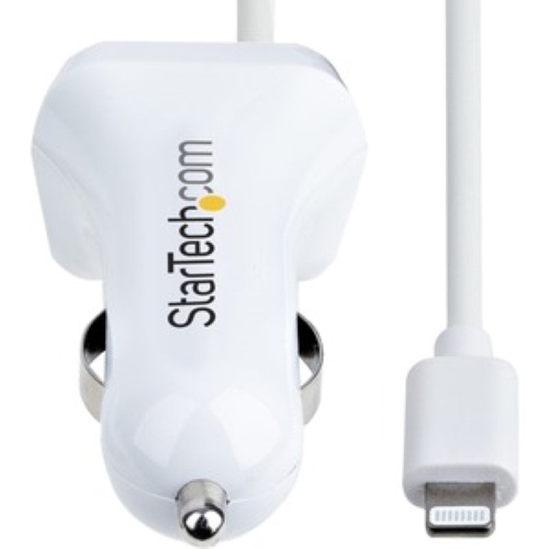 Dual-port white car charger with 1m coiled Lightning cable, charging two devices up to 2.1A simultaneously for on-the-go power.