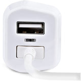 Dual-port Lightning car charger with a 1m coiled cable, charges two devices simultaneously, sleek white design.