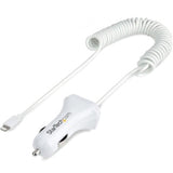 A sleek white dual-port car charger with a 1m coiled Lightning cable, powering two devices up to 2.1A simultaneously.