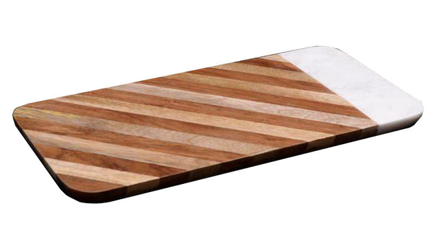 Elegant rectangle serving board made of white marble and wood, perfect for charcuterie and cheese displays.