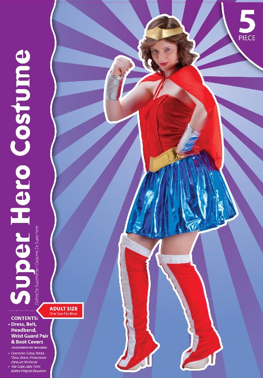 Women's superhero costume featuring a stylish dress, red cape, gold belt, and accessories for parties and cosplay events.