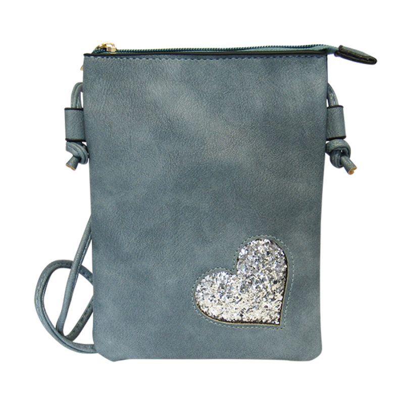 Chic blue shoulder bag with a bling heart design, zip compartment, and back pocket for easy access to essentials.