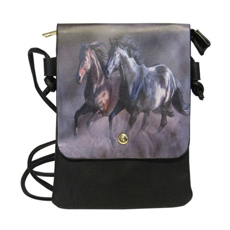 Stylish PU shoulder bag with Pair Horses design, zip top, outside pocket, and 67 cm adjustable strap for versatility.