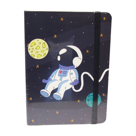 Cosmic-themed notebook featuring a moon design, 96 lined pages, and an elastic closure, perfect for note-taking and creativity.