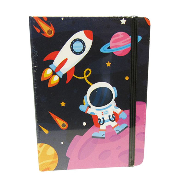 Vibrant Space Rocket Notebook (14.5cm) with lined pages and elastic closure, perfect for creativity and exploration.