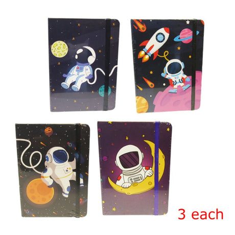 Set of 12 assorted space-themed notebooks with lined pages, vibrant covers, and elastic closures for secure note-taking.