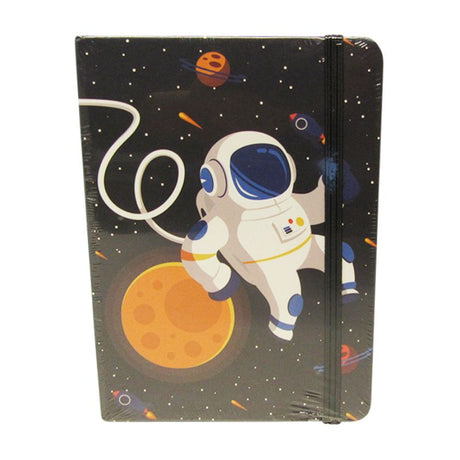 Space-themed notebook with 96 lined pages, elastic closure, and dimensions of 14.5 x 10.5 cm, ideal for creativity.