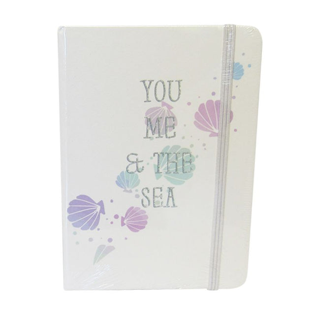 Sealife Scallops Notebook with elastic closure, 14.5cm x 10.5cm, 96 lined pages for writing or sketching.