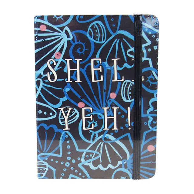 Sealife Shell Yeh Notebook with 96 lined pages, elastic closure, ocean-themed design, measures 14.5cm x 10.5cm.