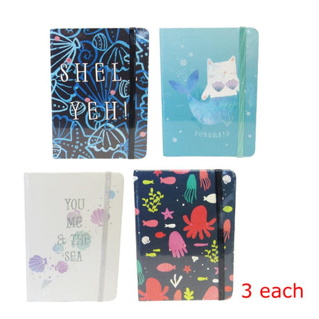 A set of 12 assorted notebooks featuring vibrant sea-themed designs, perfect for journaling or note-taking.