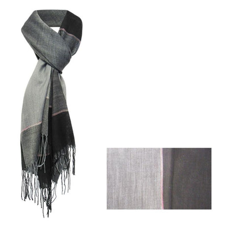 Two Tone Silver Black Scarf, 180cm, lightweight polyester, elegant design with tassels, perfect for versatile styling.