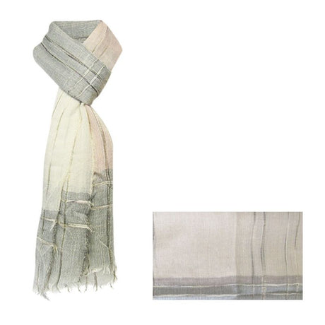 Luxurious salmon tri-tone scarf in a soft wool blend, perfect for layering, with fringed edges and generous proportions.