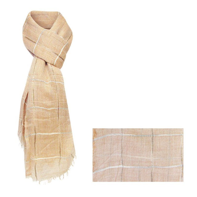 Chic salmon tri-tone scarf, 195cm long, lightweight wool blend with fringed edges, perfect for layering and elevating outfits.