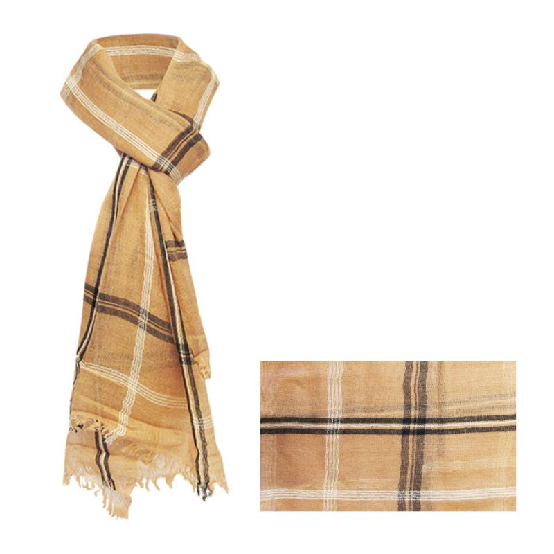 Luxurious caramel check scarf, 195 cm, crafted from wool-polyester blend, perfect for layering and chic styling.