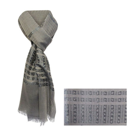 Chic Chain Pewter Scarf, 180cm long, lightweight polyester with fringed edges, perfect for versatile styling.