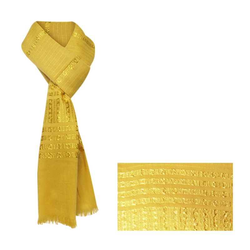 Lightweight mustard scarf with chain pattern, fringed edges; versatile accessory for summer outfits.