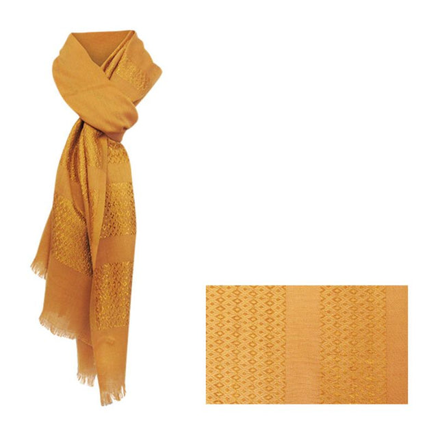 Stylish mustard yellow scarf with diamond pattern, 180cm long, lightweight, perfect for summer, with trendy fringed edges.