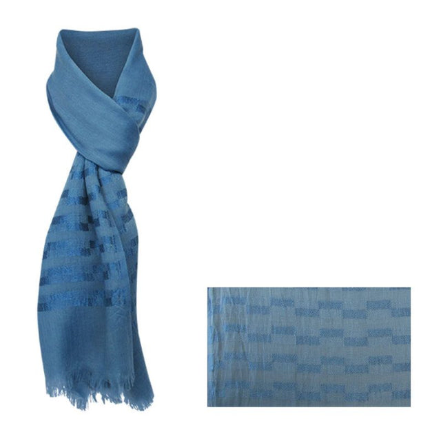 Elegant Parquet Blue Scarf, 180cm long, soft polyester with fringed edges for versatile styling year-round.