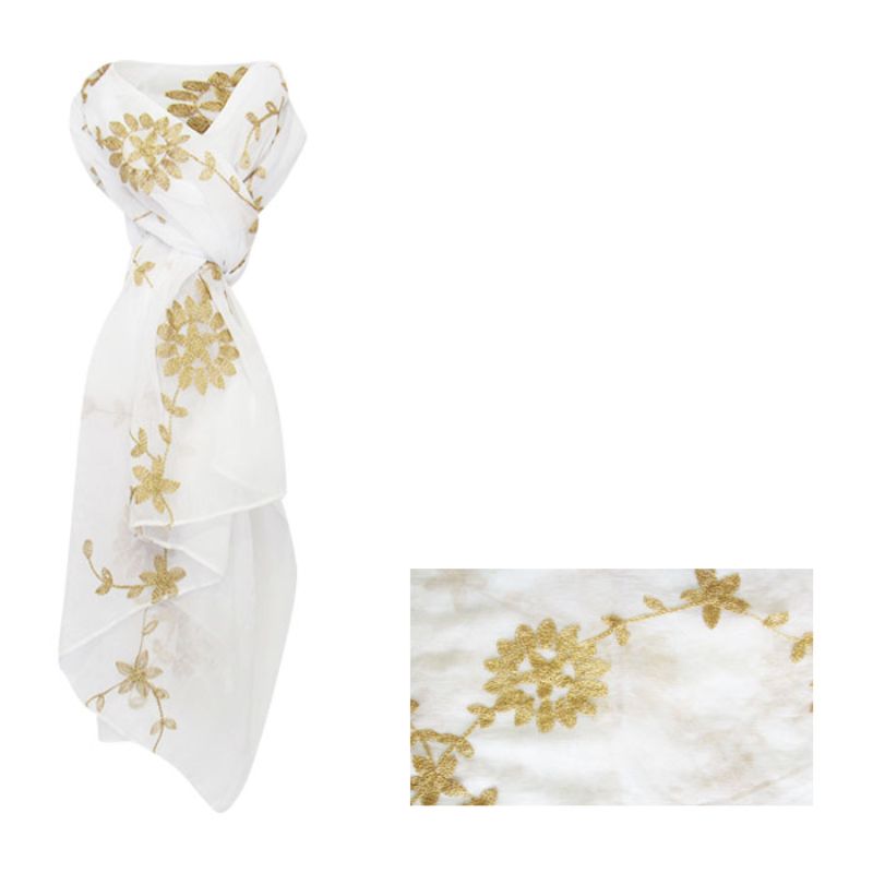 White embroidered flowers scarf, 180cm, lightweight polyester with elegant floral patterns for versatile styling.