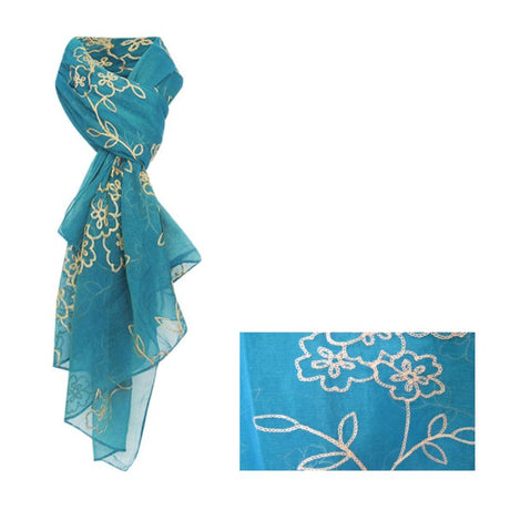 Embroidered Flowers Teal Scarf, 180cm, features vibrant floral designs on lightweight polyester, perfect for year-round style.