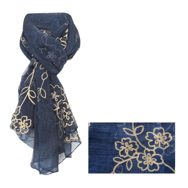 Embroidered flowers blue scarf, lightweight polyester, 75x180cm, perfect for adding elegance to any outfit.