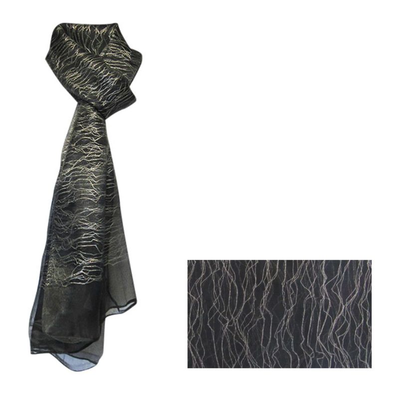 Elegant black scarf with shimmering silver waves, versatile for any outfit, lightweight 100% polyester, 180 x 70 cm.