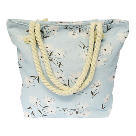 Floral Rope Tote Bag in blue with rope handle, zipped compartments, ideal for beach, shopping, and daily use.