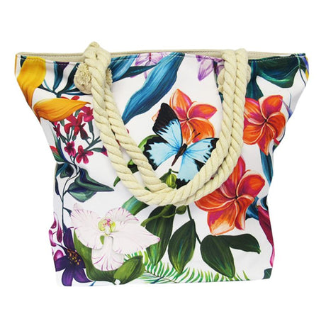 Rope Tote Bag in Frangipani print, spacious with zipped compartments—perfect for beach, shopping, or errands.