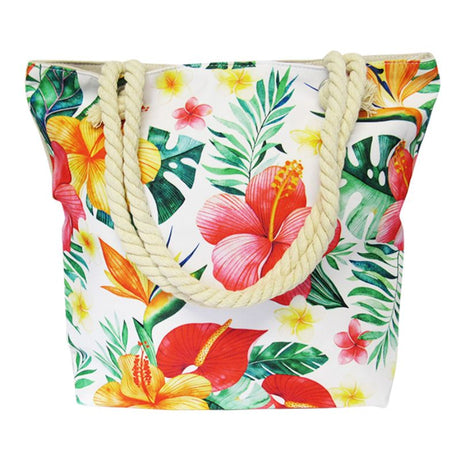 Spacious Rope Tote Bag in vibrant Hibiscus, perfect for beach outings or shopping, featuring a zipped inner pocket.