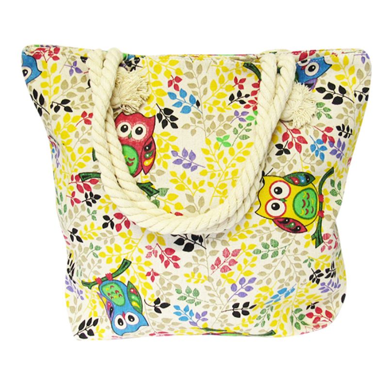 Spacious Rope Tote - Summer Owl with zipped compartments, perfect for beach, shopping, or outings. Stylish and durable design.