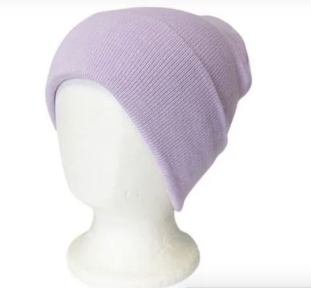 Lavender beanie with a chic ribbed texture, crafted from double-layered knit for warmth and comfort in winter.