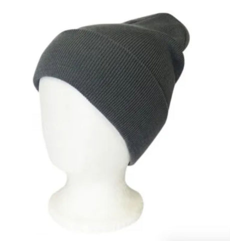 Steel Grey Beanie featuring double-layered knit fabric, ribbed design, and one-size-fits-all comfort for all ages.