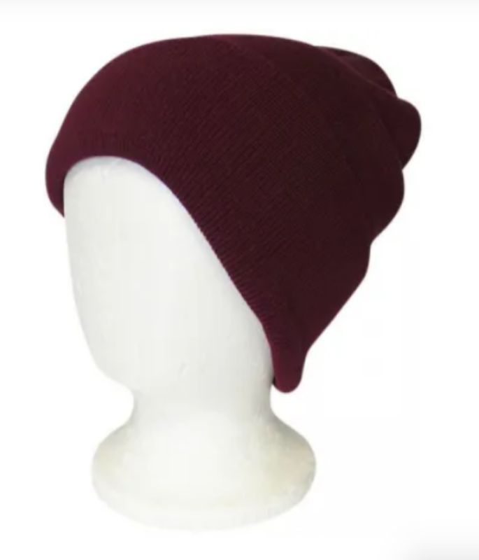 Wine red double-layered knit beanie with ribbed design for warmth and style, suitable for all head sizes.