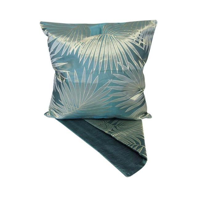 Stylish cushion cover featuring a silver palm design on a sea green background, perfect for home decor enhancement.