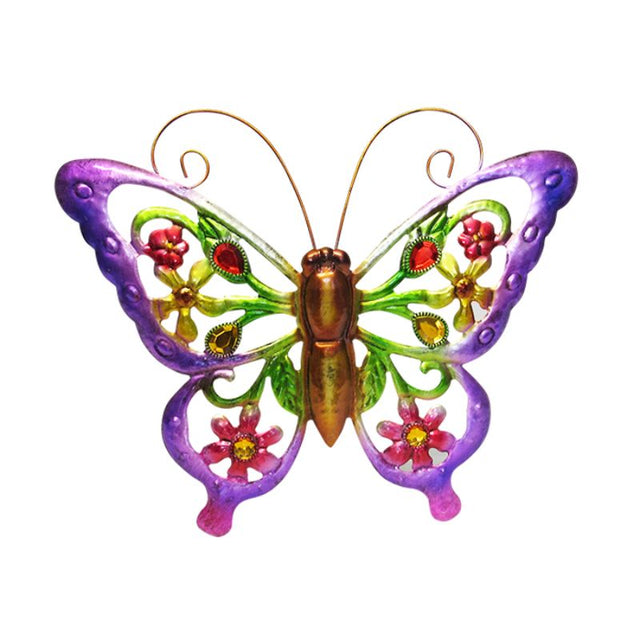 Purple butterfly wall art, 36cm, made of durable aluminum for indoor/outdoor use, featuring intricate designs and vibrant color.