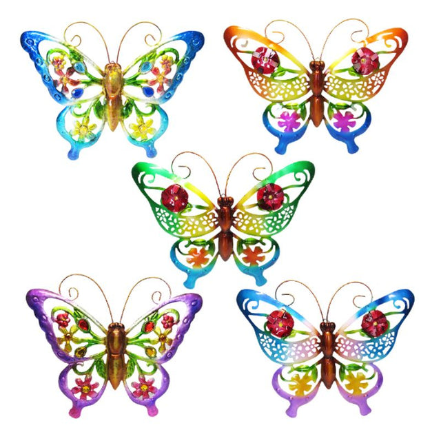 Vibrant set of 5 aluminum butterfly wall art pieces, perfect for adding elegance and whimsy to any indoor or outdoor space.