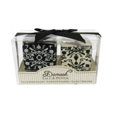 Elegant damask-patterned salt and pepper shakers in a gift box, perfect for stylish dining and thoughtful gifts.