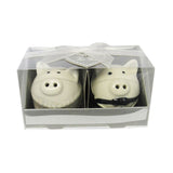 Adorable groom and bride pig salt and pepper shakers in gift box, perfect for weddings and quirky dining decor.