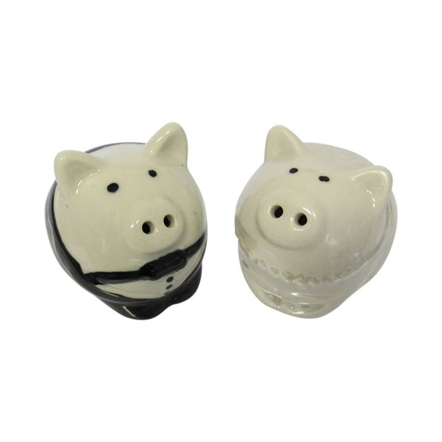 Adorable groom and bride pig salt and pepper shakers, perfect for adding charm to any dining table or special occasion.