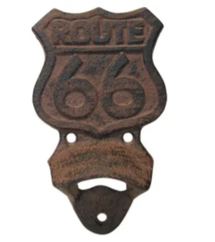 Route 66 bottle opener in durable cast iron, 13cm long, vintage design for easy beverage access and nostalgic flair.