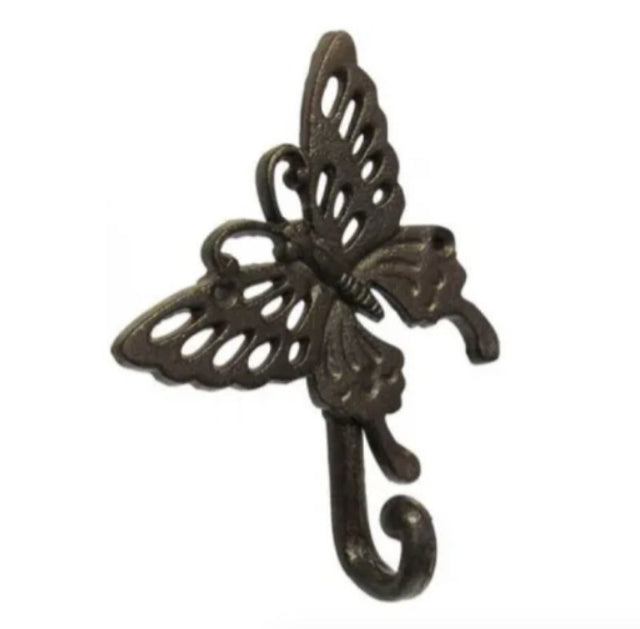 Butterfly-shaped cast iron coat hook, 11.5cm, perfect for rustic wall decor and organization in any room.