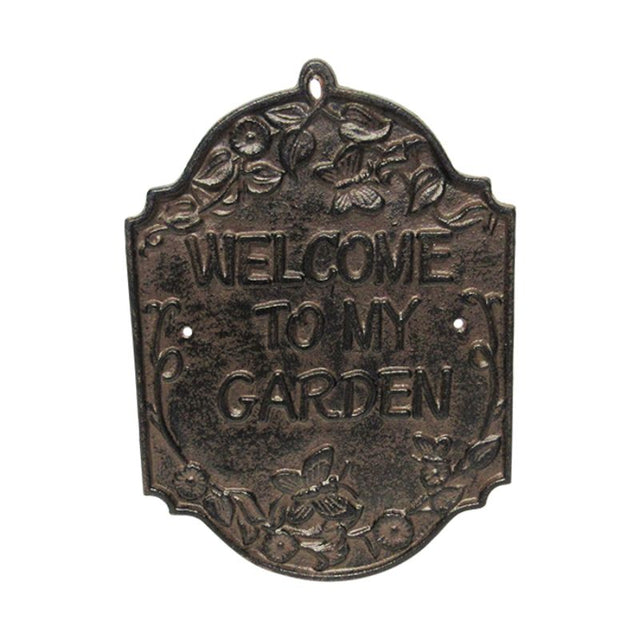 Rustic 26cm cast iron garden sign with "Welcome," durable and weather-resistant for an inviting outdoor decor.