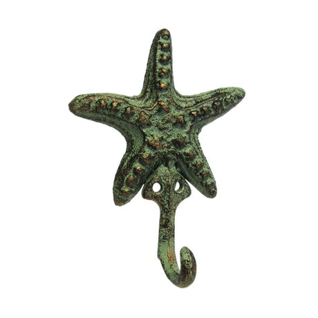 Cast iron starfish wall hook, 13cm, ideal for hanging keys or towels, perfect for coastal decor enthusiasts.